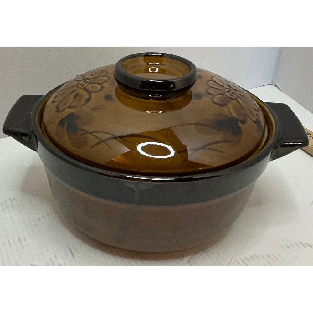 Vintage Ceramic Casserole Bean Pot with Lid Brown Floral Oven Proof Stoneware